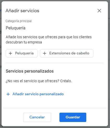 Añadir servicio personalizado en Google My Business