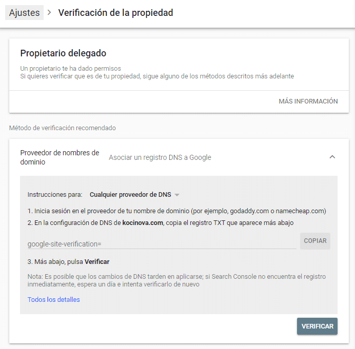 Verificar el sitio web siendo propietario delegado